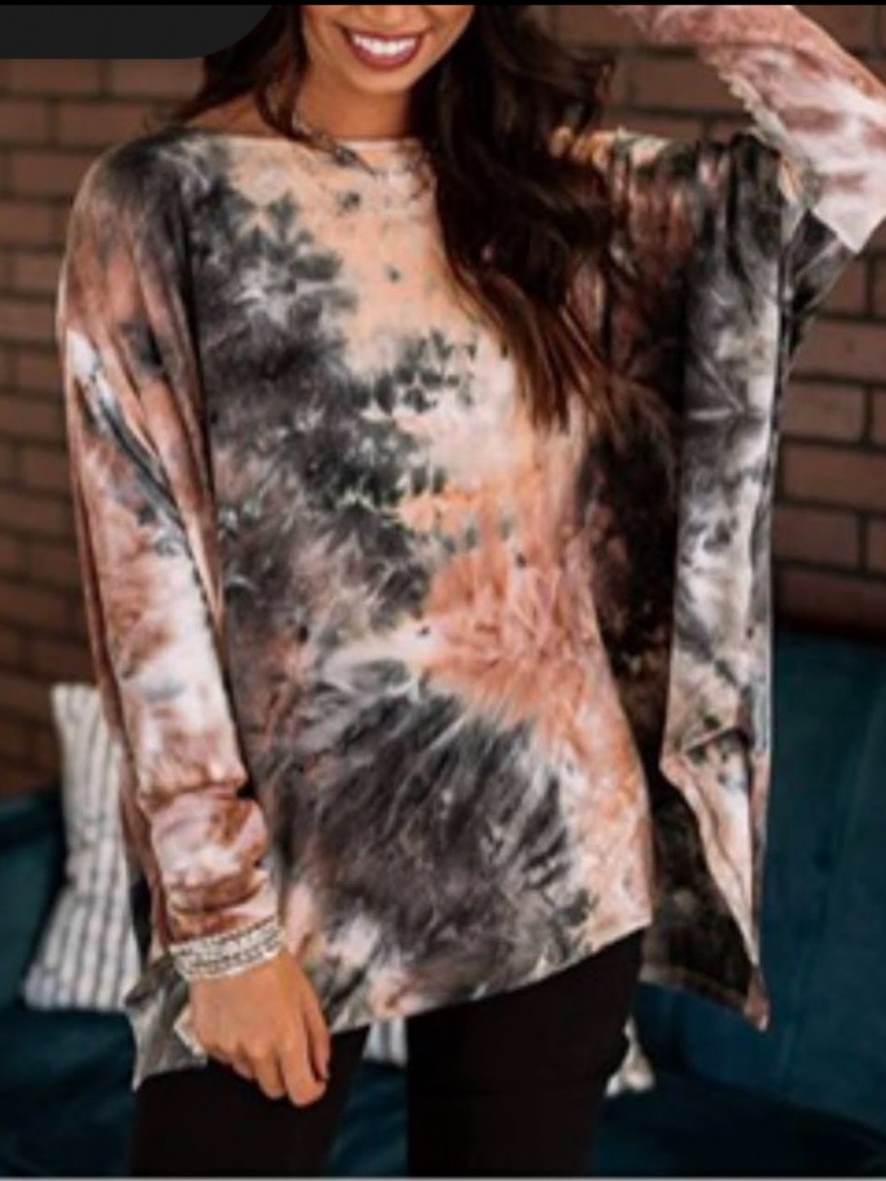 Tie-Dye Long Sleeve Women’s Top - Black & Peach